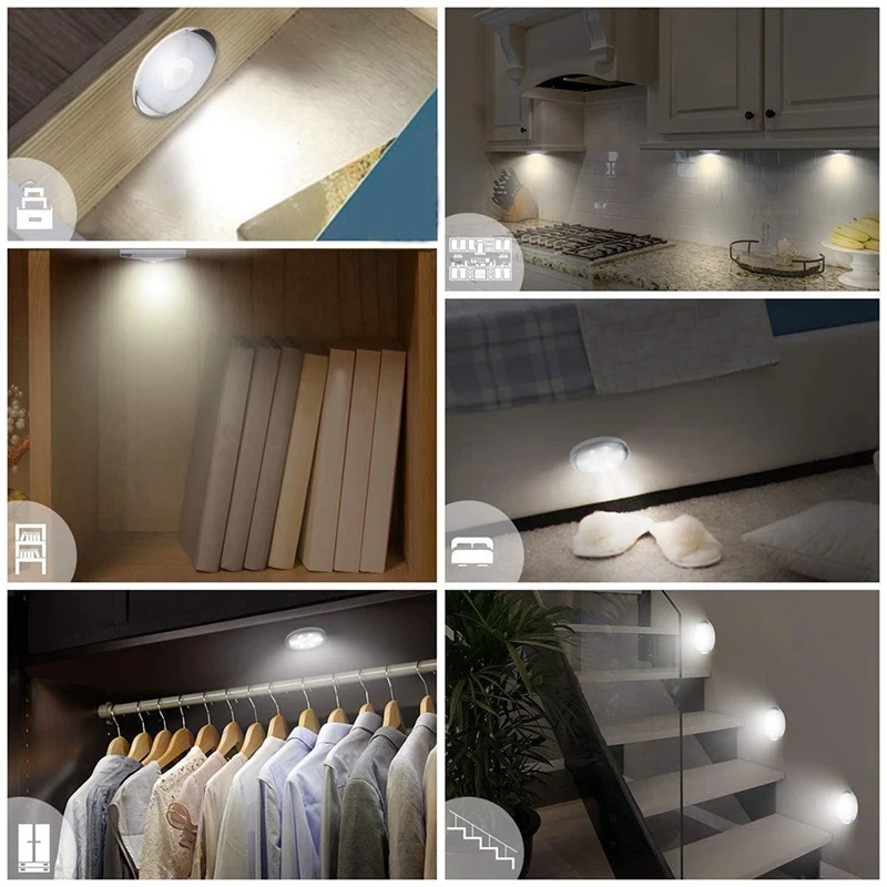 

6Pcs Motion Sensor Light Cordless Battery Powered LED Night Light Wake Up Light Cabinet Light 3D Night Light