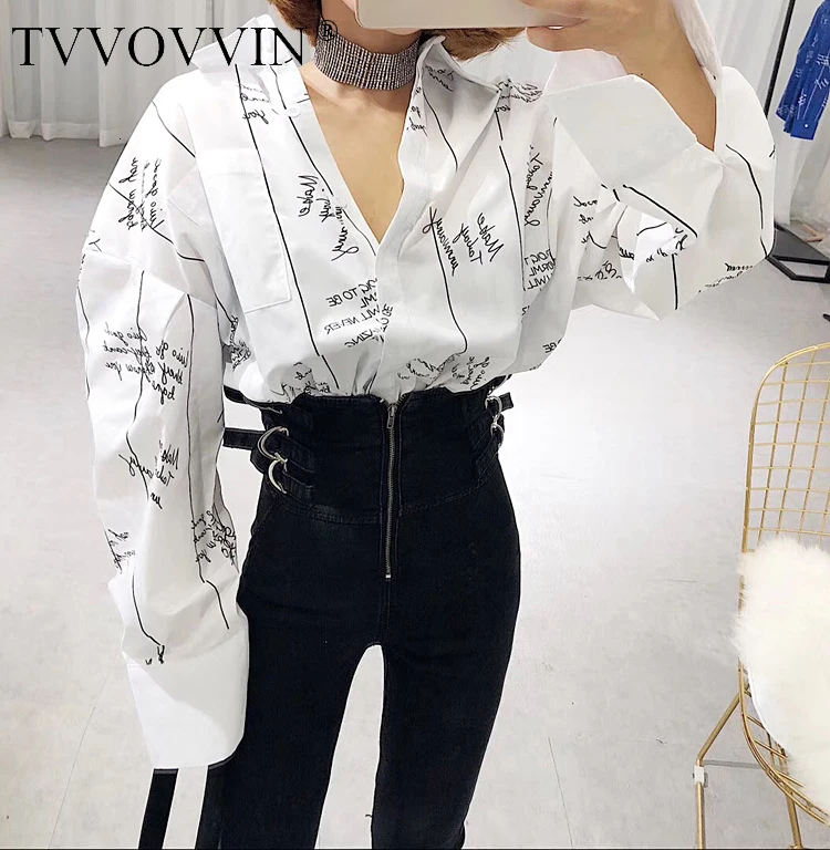 

TVVOVVIN женская блузка 2020 весенние хлопковые белые блузки универсальный свободный кардиган с буквенным принтом рубашка с длинным рукавом руб...