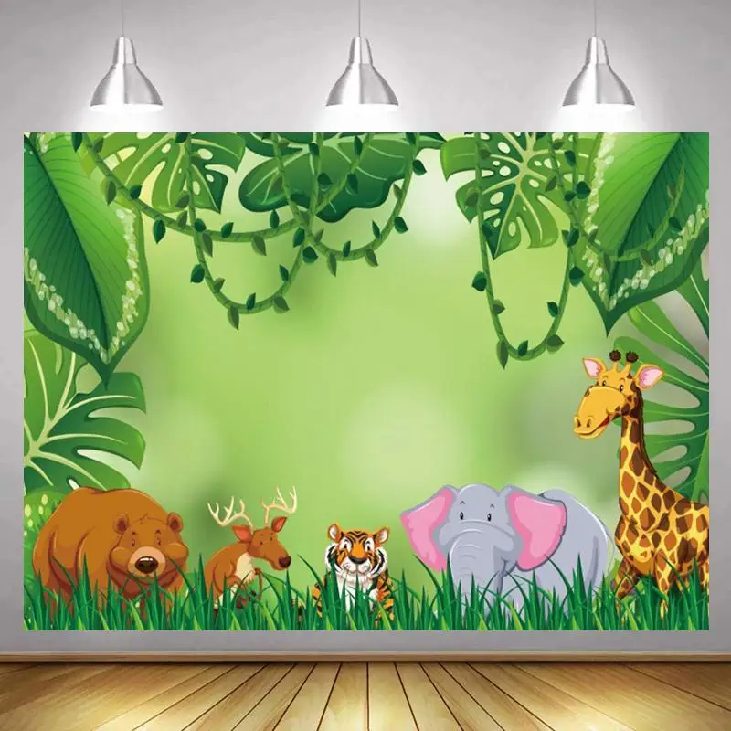 

Jungle Forest Green Leaves Cartoon Photography Backdrops Newborn Baby Shower Kids 1st 2nd Birthday Party Background Vinyl Poster