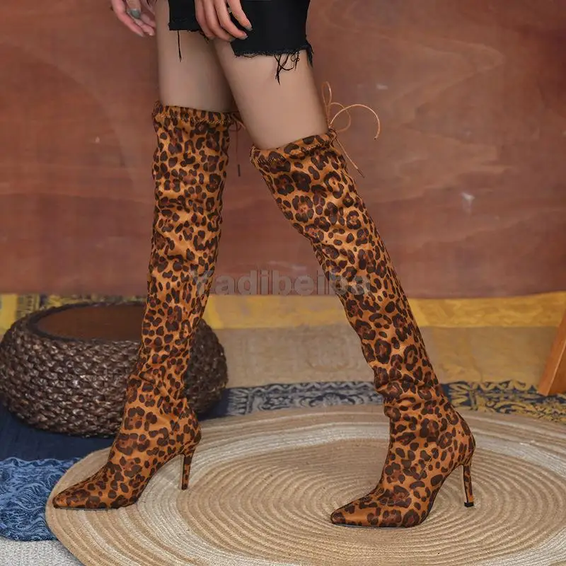 

Women's Knee High Boots Long Leopard Thigh High Boots Autumn Winter Women Shoes Western Sock Boots Thin Heel Party Pumps Shoes