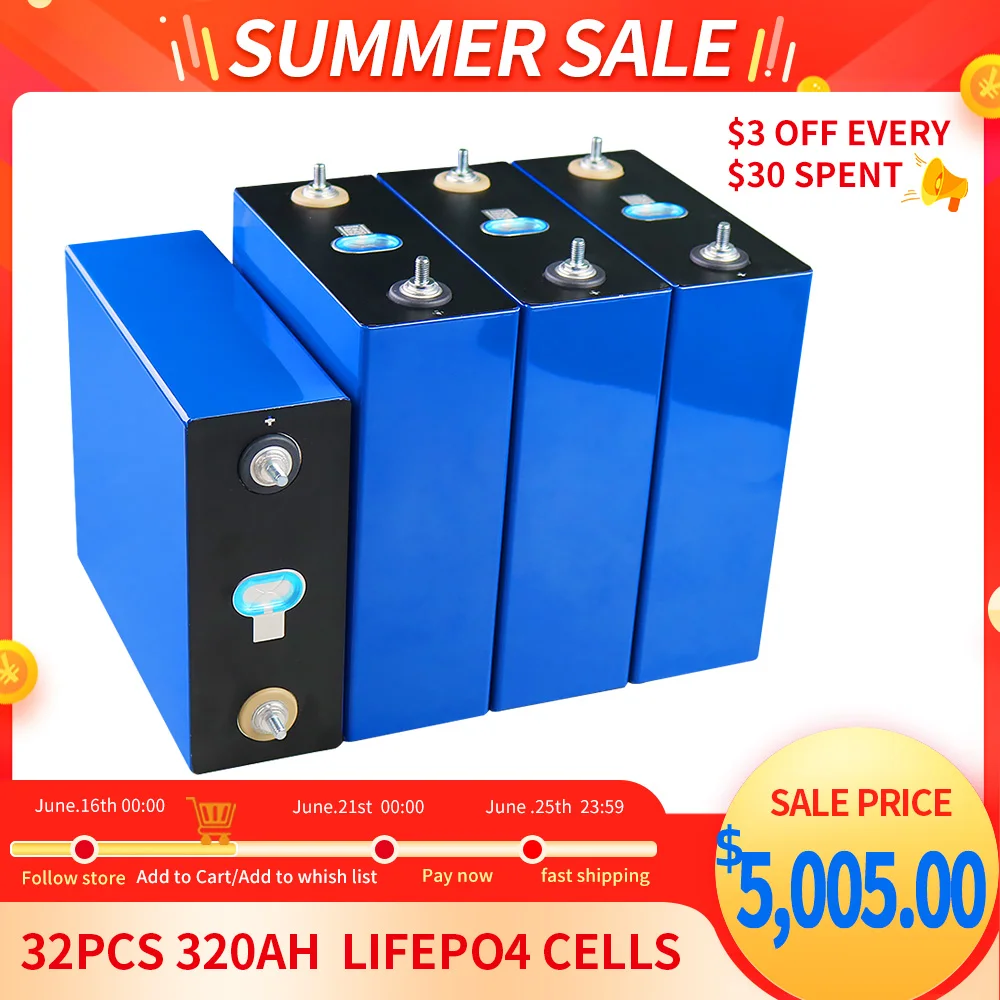 Lifepo4 Батарея пакет 32 шт. 3 2 V 310Ah Новый Класс 12v 24v 36v 320AH RV солнечных батарей и