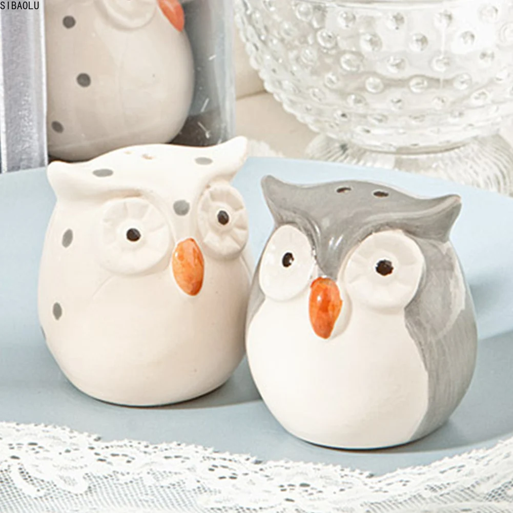 

2PCS Grayish White Decor Space-saving Seasoning Box Easy To Clean Storage Owl Shape Kitchen Condiment Containers Ceramics Cute