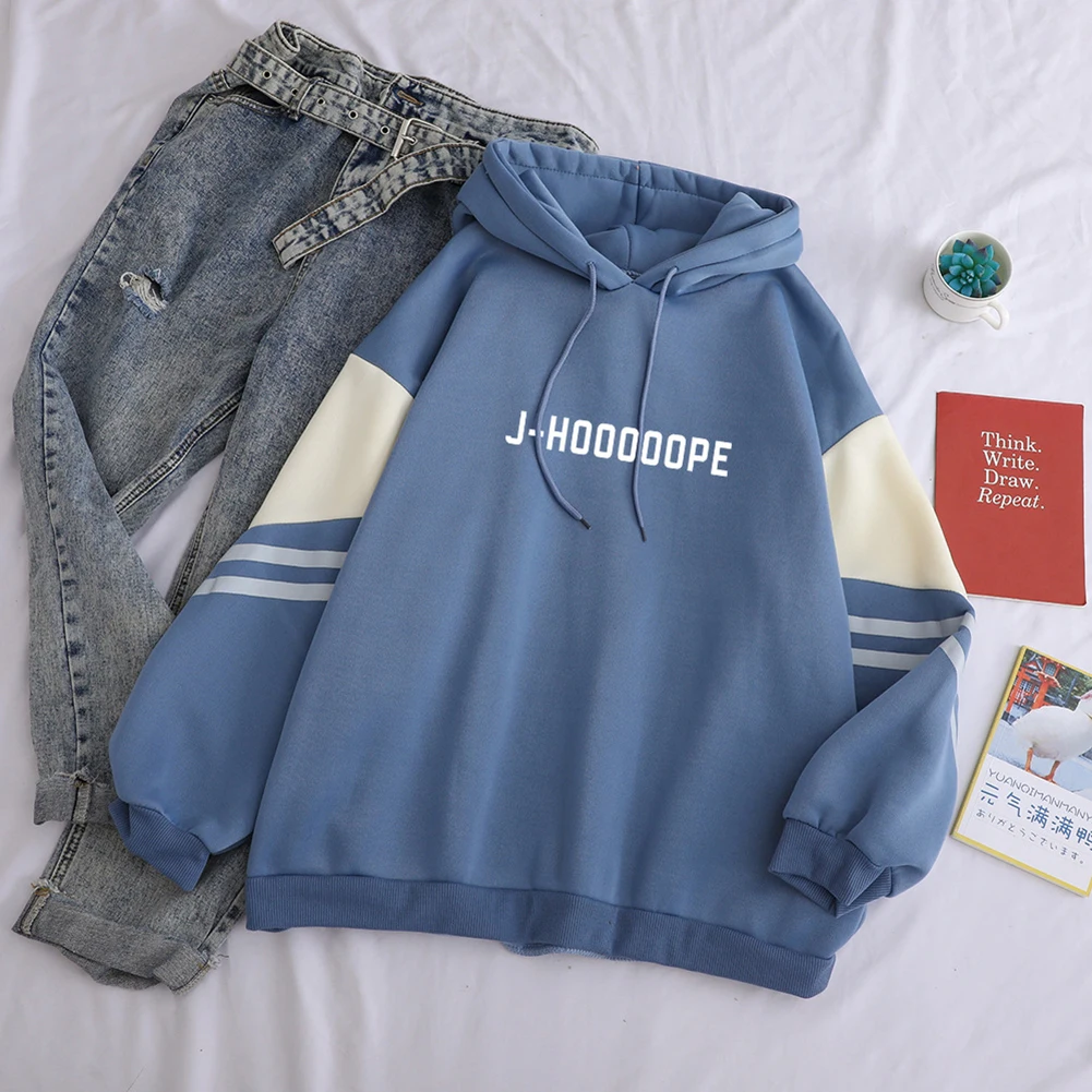 

Hoodies Casual Letters J-HOOOOOPE Printed Women Winter Fleece Sweatshirt Hoody Hit Color Patchwork Pullove Sweatshirts