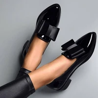 spring flats women shoes bowtie loafers patent leather womens low heels slip on footwear female pointed toe thick heel