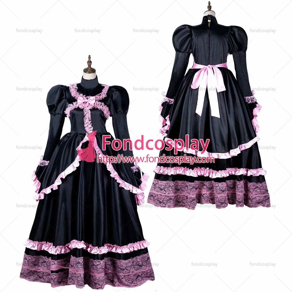 

fondcosplay adult sexy cross dressing sissy maid long black satin dress lockable Uniform pink lace costume Tailor-made[G2155]