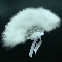 custom wedding feather hand fan with silver pears luxury dance fan bride hand held photo props wedding favors abanicos para boda