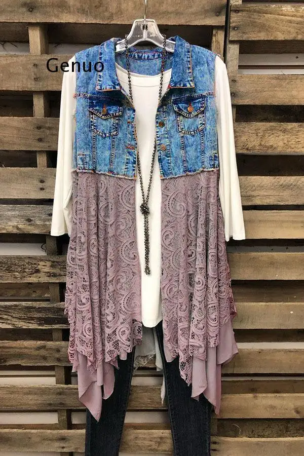 Женская куртка на весну и лето универсальный джинсовый жилет с кружевным подолом
