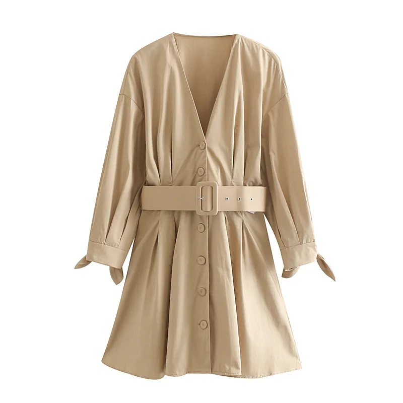 Женская офисная одежда мини платье цвета хаки с завязками и рукавом дизайн пояса
