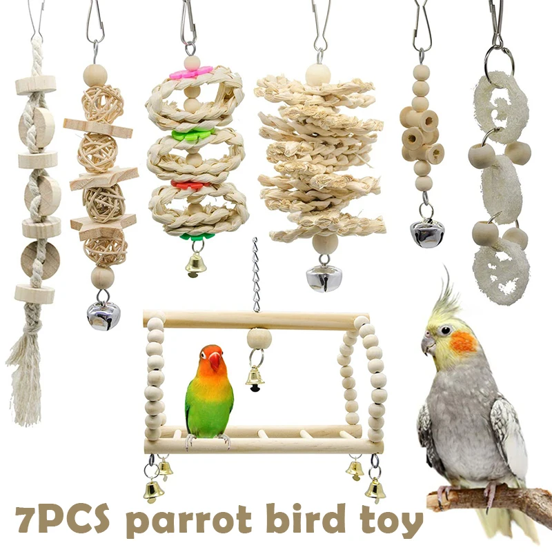 

New 7 Packs set Birds Parrots Swing Chewing Toys Hanging Bell Birds Cage Toys for Birds Toys HK3