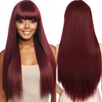 azqueen synthetic wigs for women long straight wine red wig with bangs heat resistant wigs 30 inches dairy use cosplay wig