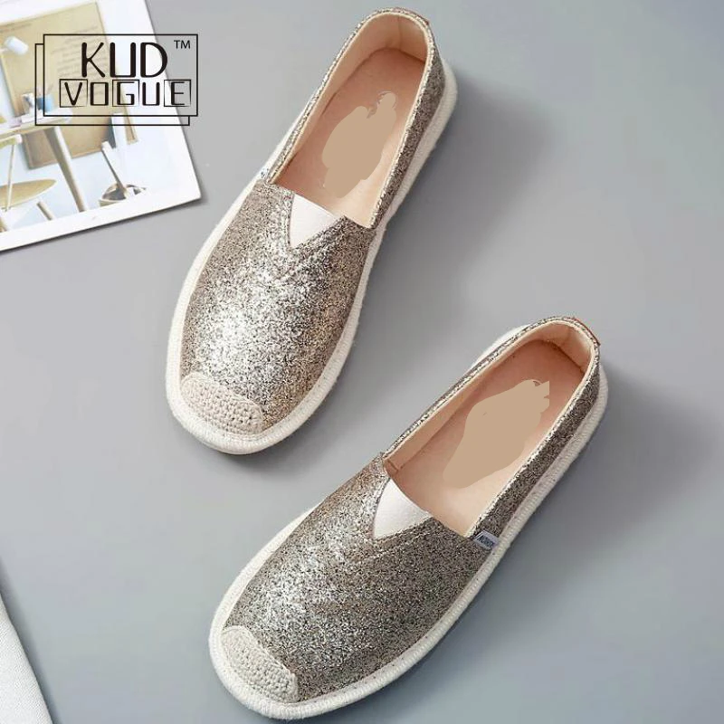 Женские лоферы с блестками Сезон весна Золотистая обувь на плоской подошве