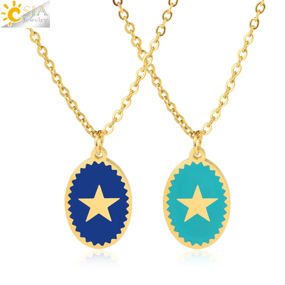 

CSJA Fashion Women Stainless Steel Necklace Gold Color Oval Star Enamel Pendant Necklaces Link Chain Delicate Minimalist S773