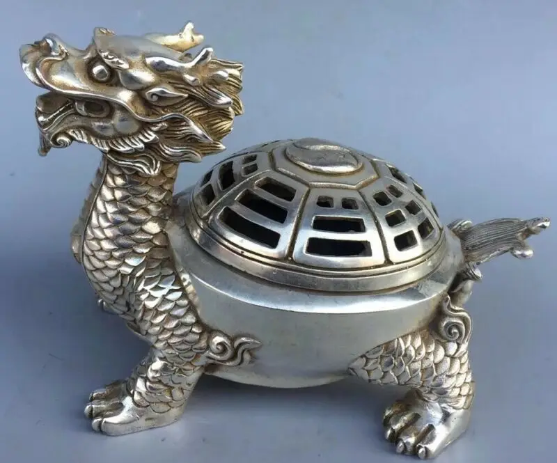 

Collectable Handwork Miao Silver Carve Dragon Tortoise Art Tibet Incense Burner