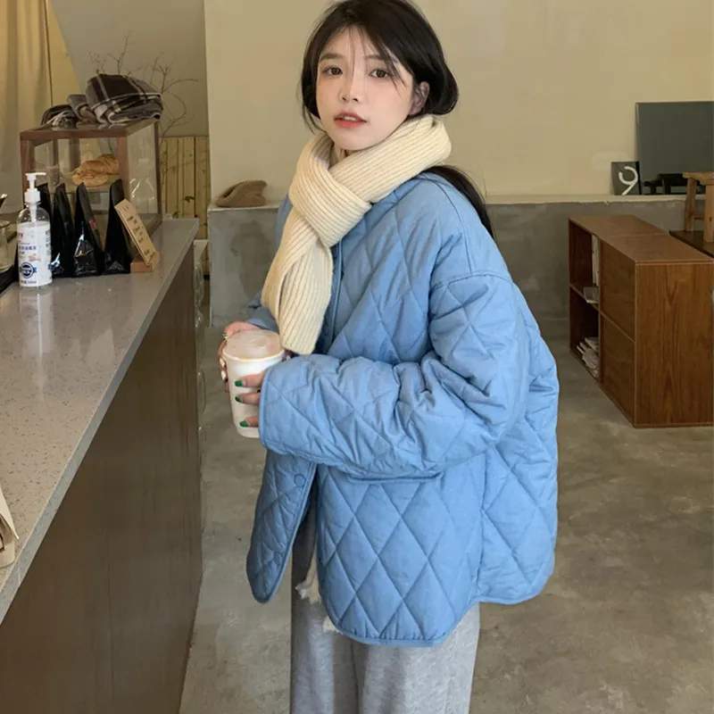 

2021 Autumn Winter Warm Parkas Quilted Jackets Coats Padded Women Oversized Blue Long Sleeve Loose Fashion Cotton Coats Outwear