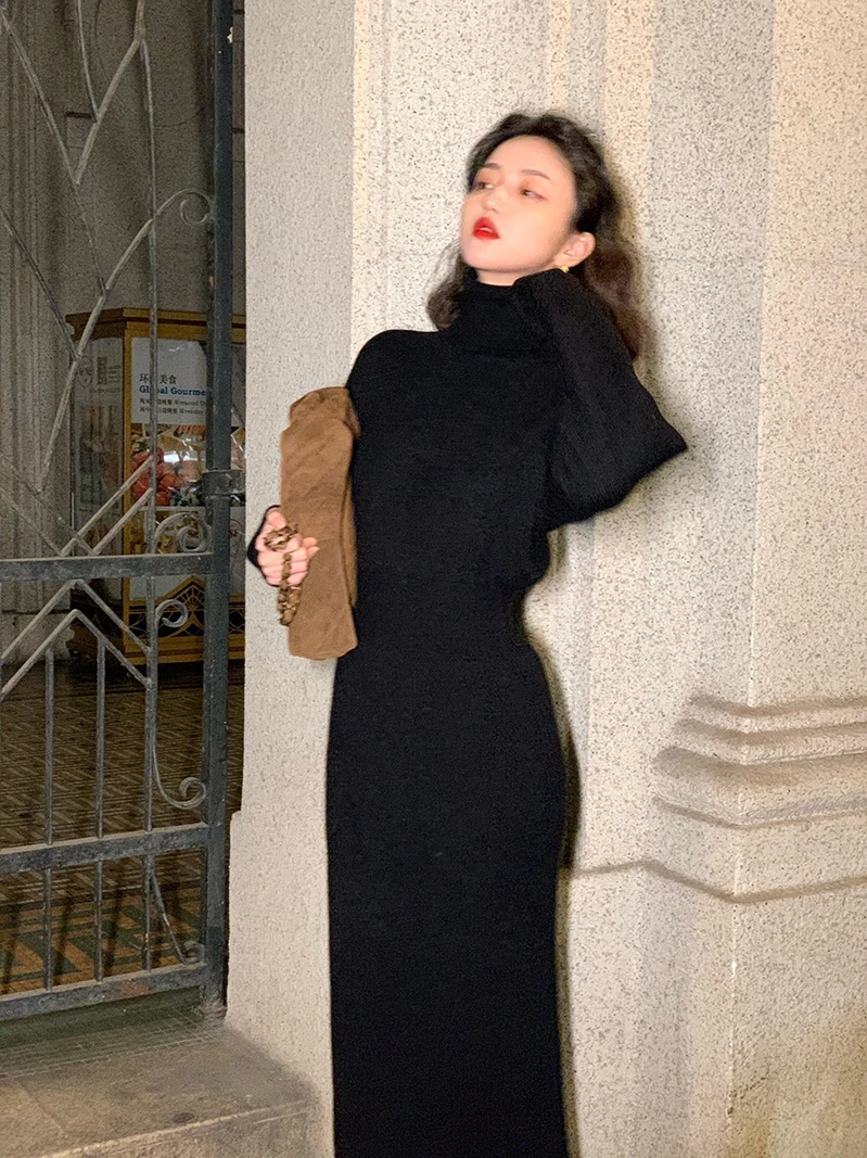 

Jiuwu homemade 2020 women's winter new high collar knitted Knee Length Dress