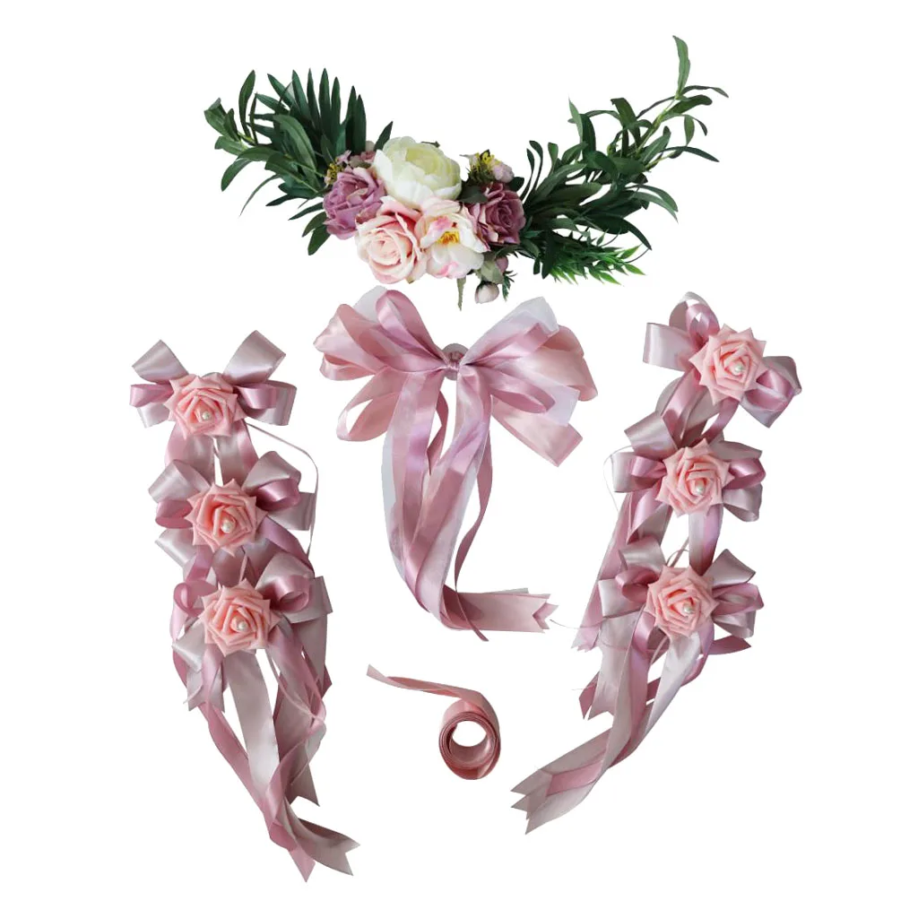 

9pcs Wedding Car Decorations Kit Limousine Silk Flower Garland Ribbon Bows Set