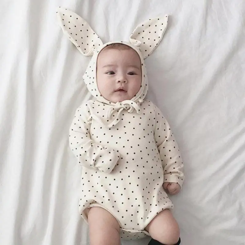 

Cute Print Pure Cotton Baby Autumn Clothes Boy Girl Baby Jumpsuit And Big Rabbit Ear Hat Baby Clothes 0-24M New Baby Bodysuit