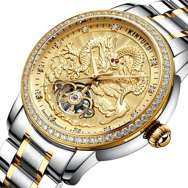 Gold Silver KINYUED, новинка, золотой дракон, дизайн, механические часы, мужские, коричневые, кожа, светящиеся, водонепроницаемые, автоматические часы, алмаз, турбийон, часы - Цвет: Gold Silver