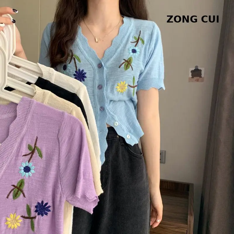 

Женский трикотажный кардиган с цветочной вышивкой, футболка с V-образным вырезом, лето 2021