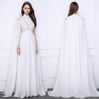 2020 high neck white chiffon evening dresses capped wrap top lace saudi arabia prom party dress long formal gowns