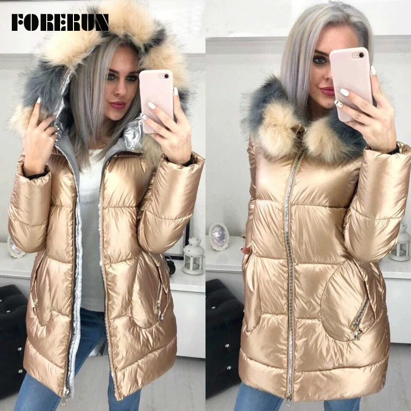 

2021FORERUN Big Fur Hooded Jacket Women Long Winter Coat Female Glossy Casual Cotton Padded Parka Manteau Longue Femme Hiver