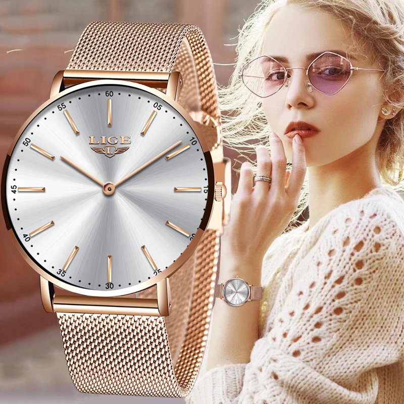 

Relogio Feminino New LIGE New G0old Watch Ladies Watch Women Simple Mesh Belt Womenes Bracelet Watch Female Waterproof Clock+Box