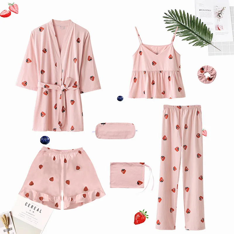 

7 PCS Women's Pajamas Home Clothes Sleepwear Dresses Comfort Cotton Suits With Shorts Night Robes Women Homenwear Sets