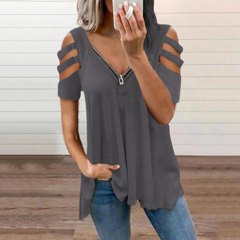 

Laamei Women Sexy Hollow Out T-shirt V-Neck Zipper Shirt Tops 2021 Summer Short Sleeve Tee Top Female Solid Loose Streetwear 5XL