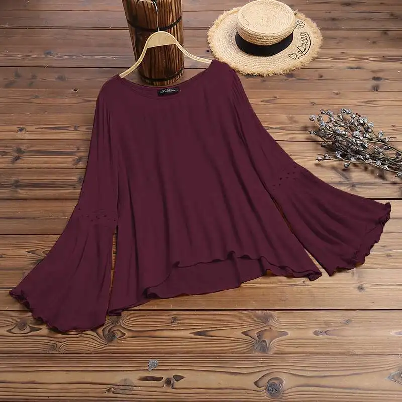 Wine Red Офисная Женская шикарная рубашка ZANZEA размера плюс, женская блузка, Повседневная блуза с длинным Расклешенным рукавом, одноцветная Асимметричная туника, Blusas 5XL - Цвет: Wine Red