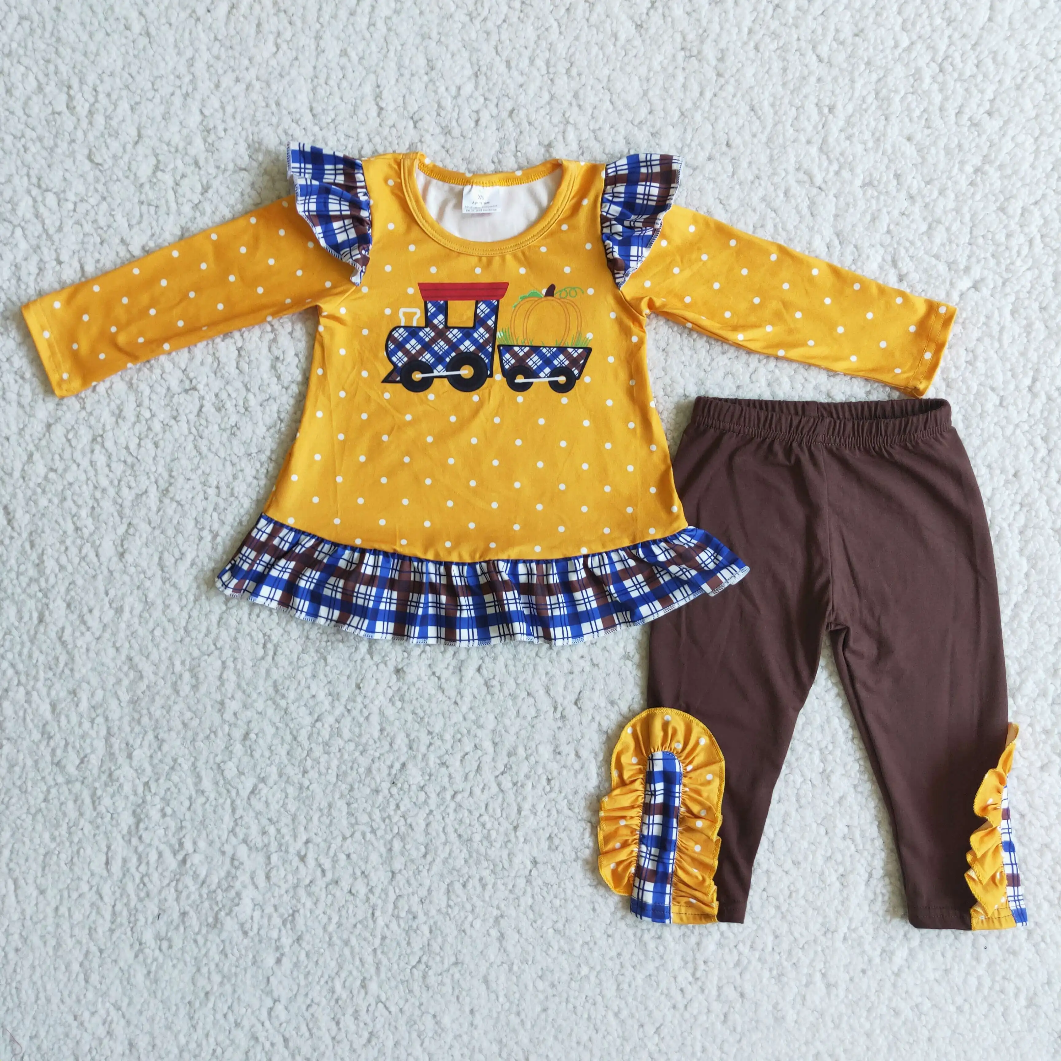 

Boutique Wholesale Baby Girls Pumpkin Outfits Kids Long Sleeves Top and Brown Pants Children Clothing Toddlers Yellow New Sets