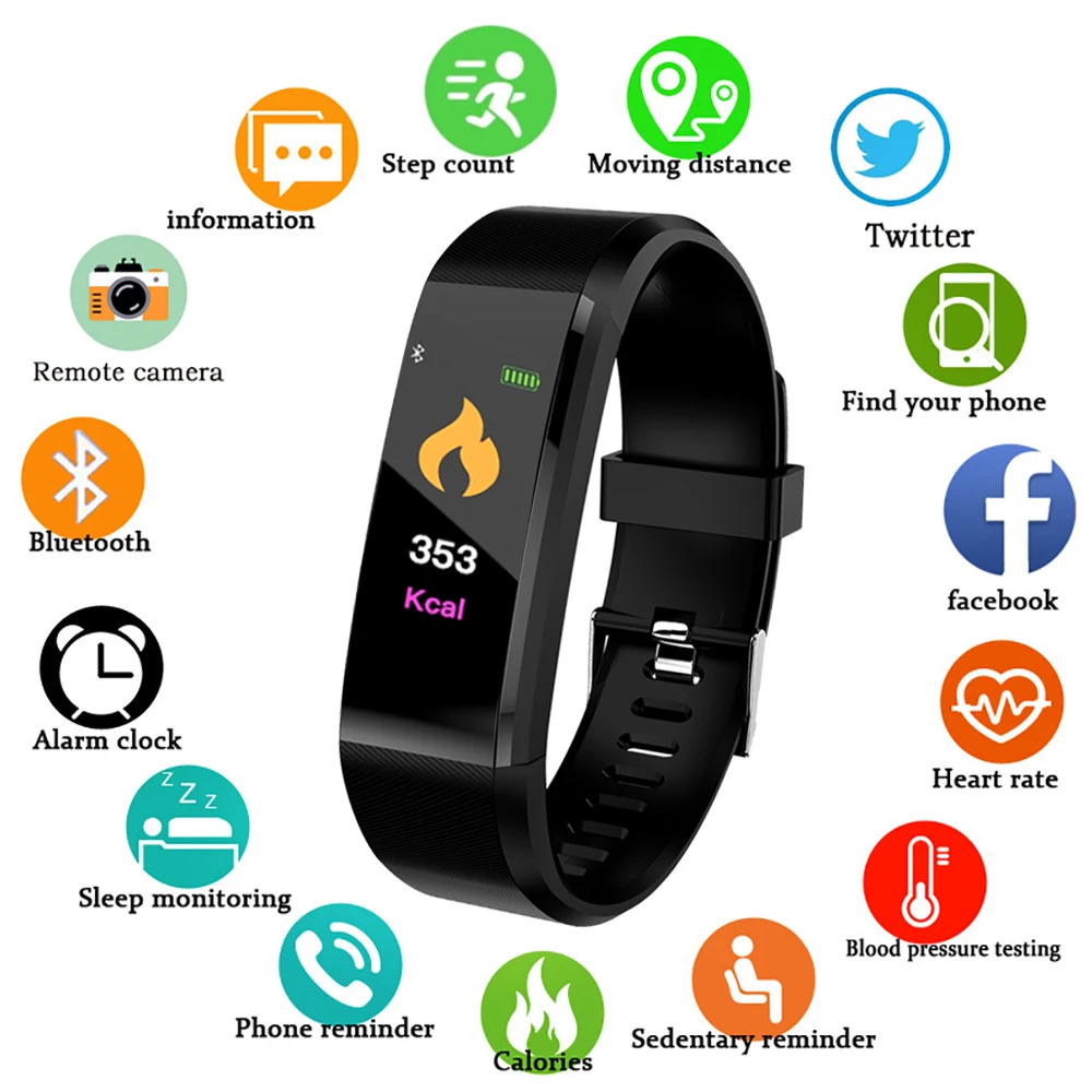 

Smart Bracelet Watch 115 Plus Smart Wristband Fitness Tracker Waterproof Blood Pressure Heart Rate Monitor Smart Watch Women