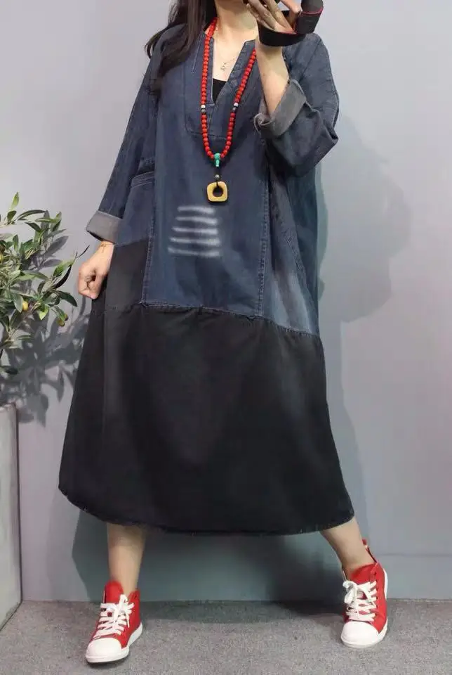 Женское джинсовое платье макси в стиле пэчворк мешковатое размера плюс