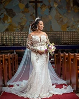 fashion sheer neck illusion long sleeve lace beads sequins bridal gowns sweep train south african women wedding dresses