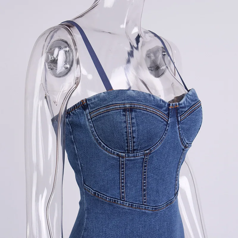 

Women Summer Spaghetti Strap Off Shoulder Denim Midi Bodycon Dress Night Club Party Sleeveless Split Jeans Dresses Vestidos