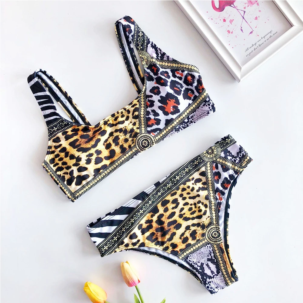Сексуальные бикини с леопардовым принтом новинка комплект высокой талией пуш-ап