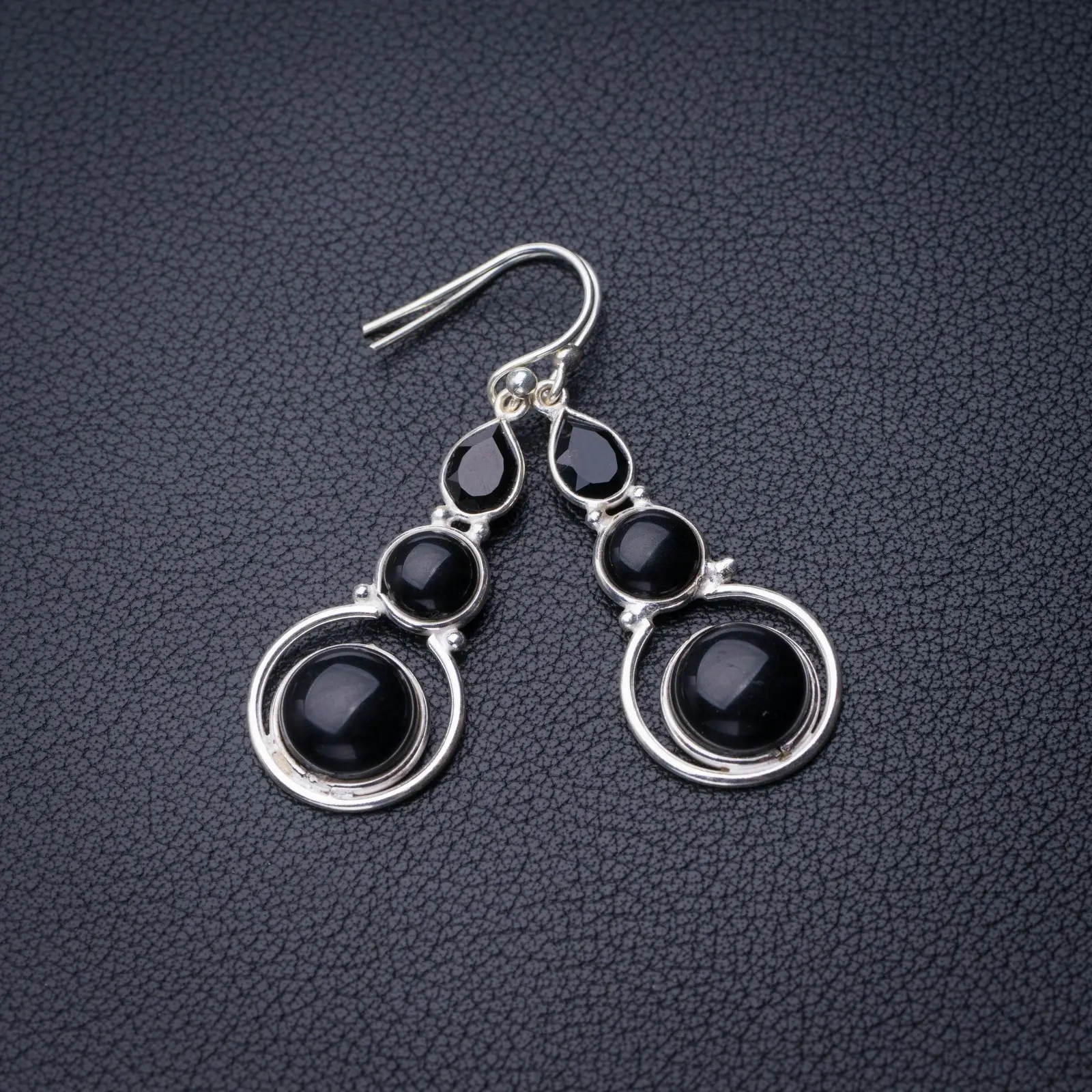 

StarGems Natural Black Onyx Handmade 925 Sterling Silver Earrings 1.75" D7677