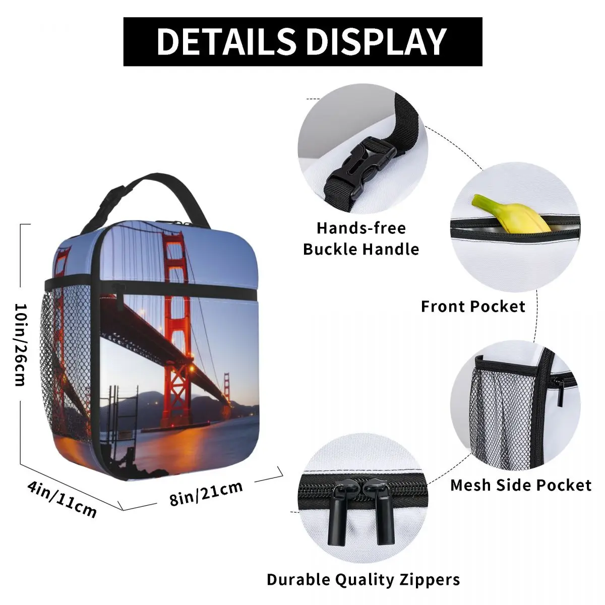 

Golden Gate Bridge Lunch Bag for Women Men Large Insulated Lunch Box with Water Bottle Holder and Pockets
