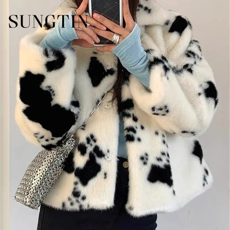 Куртка из искусственного меха с принтом коровы и техникой завязывания "тай-дай" для женщин от марки Sungtin, теплая и модная, зимняя, пушистая, толстая, модель 2020 года, стильная, с меховым воротником, женская наружная одежда.