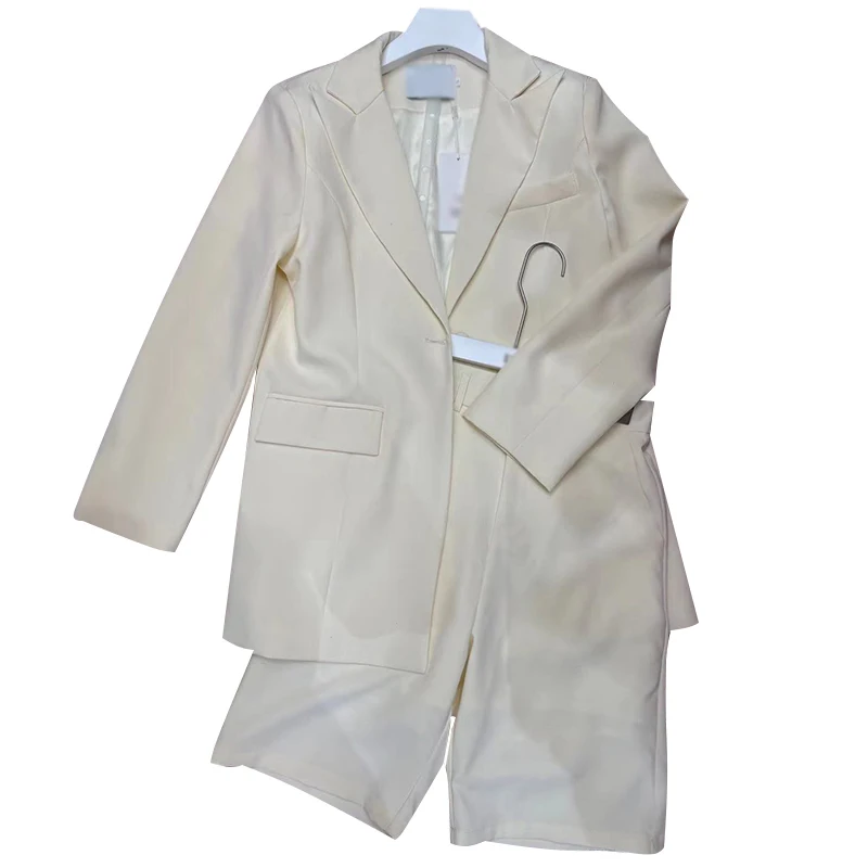 

VGH Casual Two Piece Set For Women Notched Long Sleeve Blazers High Waist Loose Shorts Solid Sets Female 2021 Spring Fashion New