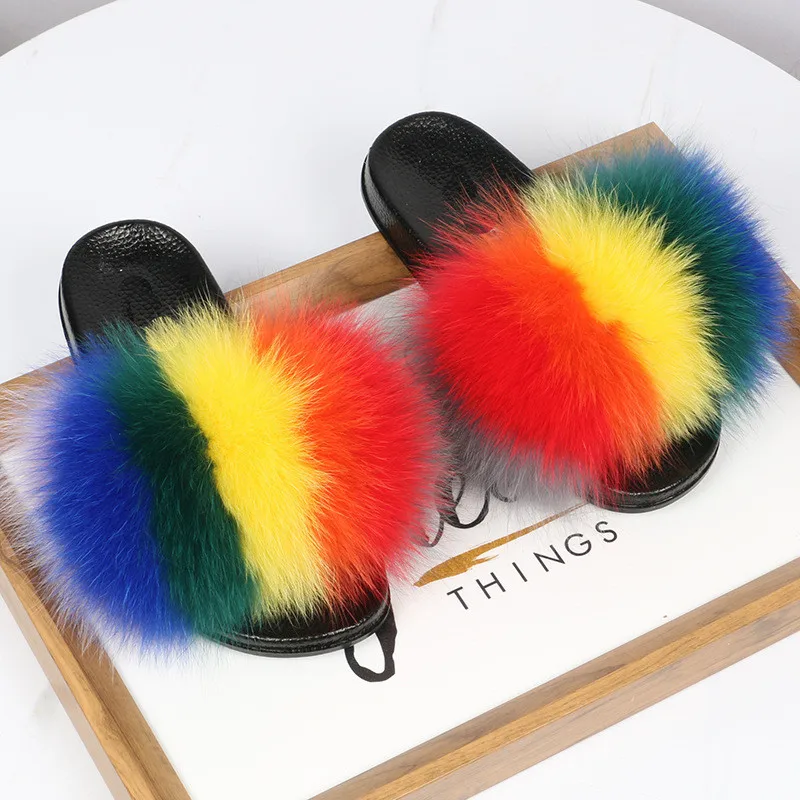 

Women's Summer Real Fox Fur Slippers Fashion Fluffy Rainbow Slides Ladies Furry Open Toe Sandals Plush Flip Flops Female Shoes