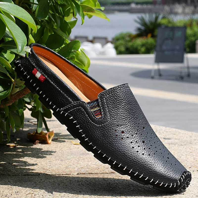 

Half Shoes for Men Dress Shoes Leather Loafers Slippers Backless Mules Men Casual Shoes Slip On Flats Man Moccasins Sandals 2022