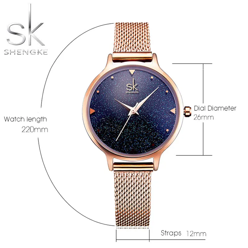 Часы наручные SK женские брендовые Роскошные с сетчатым браслетом розовое золото