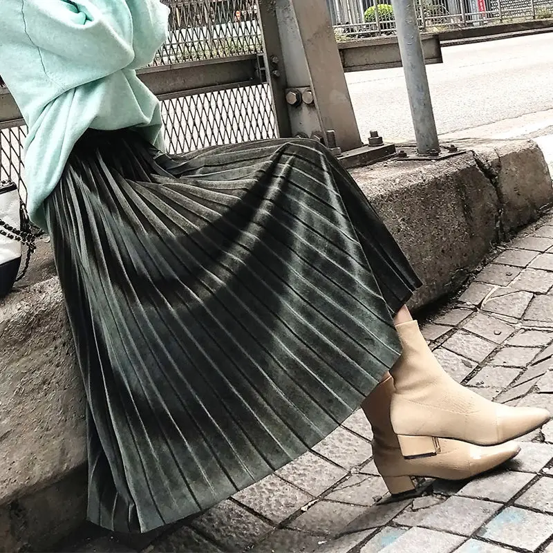 

Faldas High Waist Largas Women's Jupe Longue Femme Pleated Korean Fashion Midi Summer Dress 2021 Clothing Retro Velvet Elegant