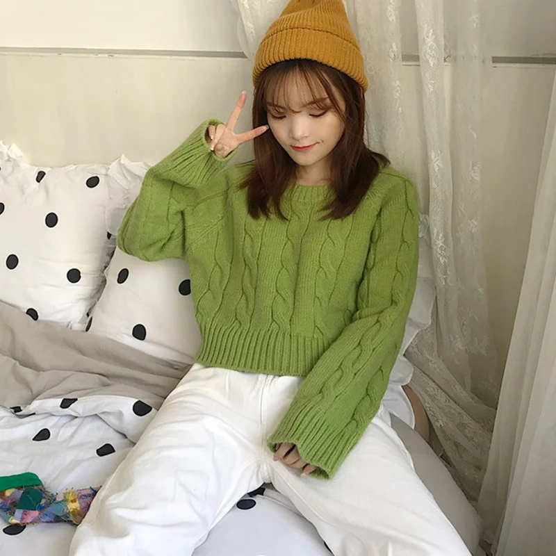 

Женский свитер с длинными рукавами, короткий Свободный Повседневный Однотонный свитер оранжевого цвета, Осень-зима