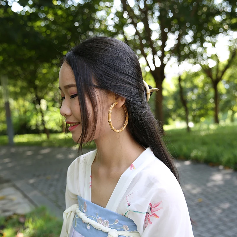 Nilerun brand letter C shape opening cut handmade real natural bamboo root round hoop earrings | Украшения и аксессуары
