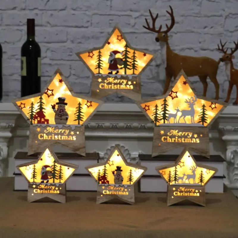 Lighting Christmas Wooden Ornament LED Stars Shape Santa Claus Deer Decor Lamp Xmas Gift