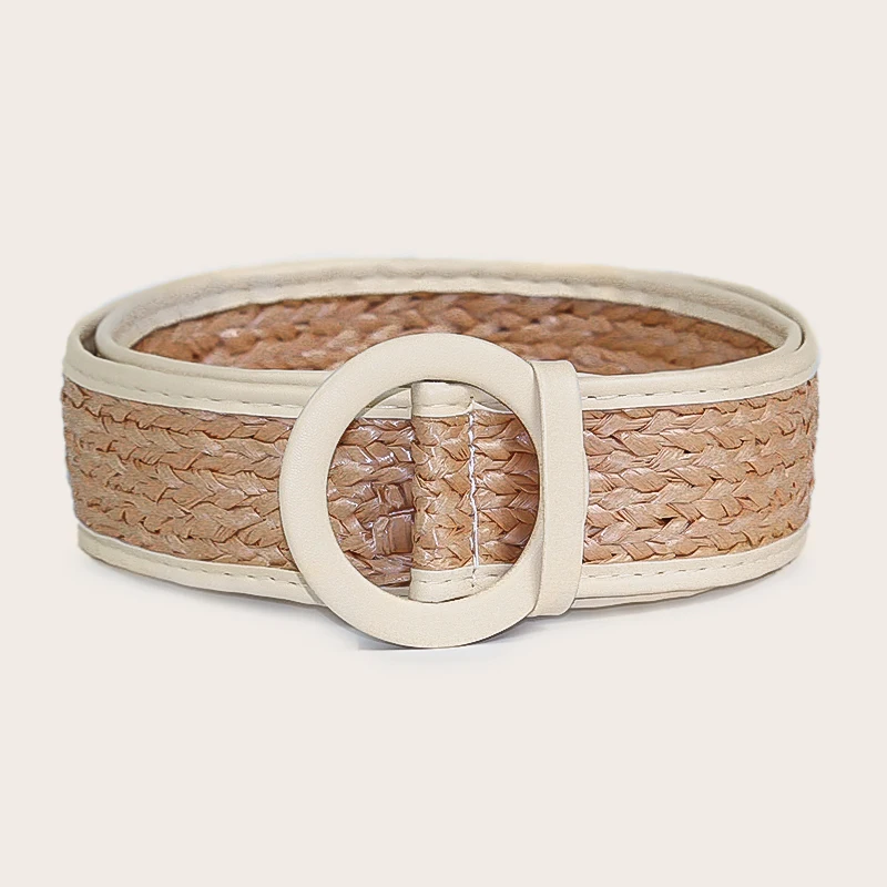 

2021 Summer Women Boho Straw Waist Belt Brown Coffee Round Plastic Wooden Buckle Weaving Wide Belts For Women