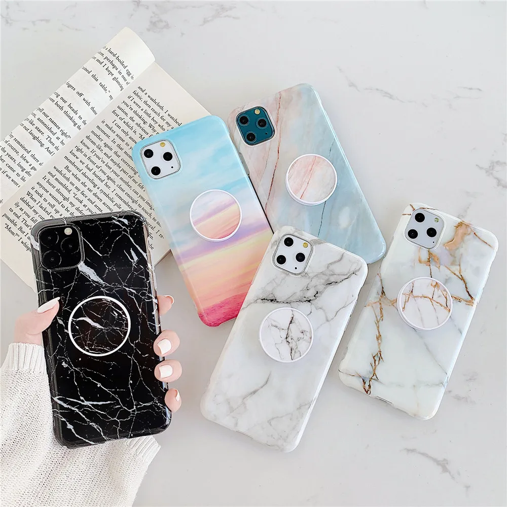 Marble Stand Phone Holder Case For iphone 13 12 Mini 11 Pro X XR XS Max 7 8 6 6S Plus SE 2020 Case Silicone Soft TPU Back Cover