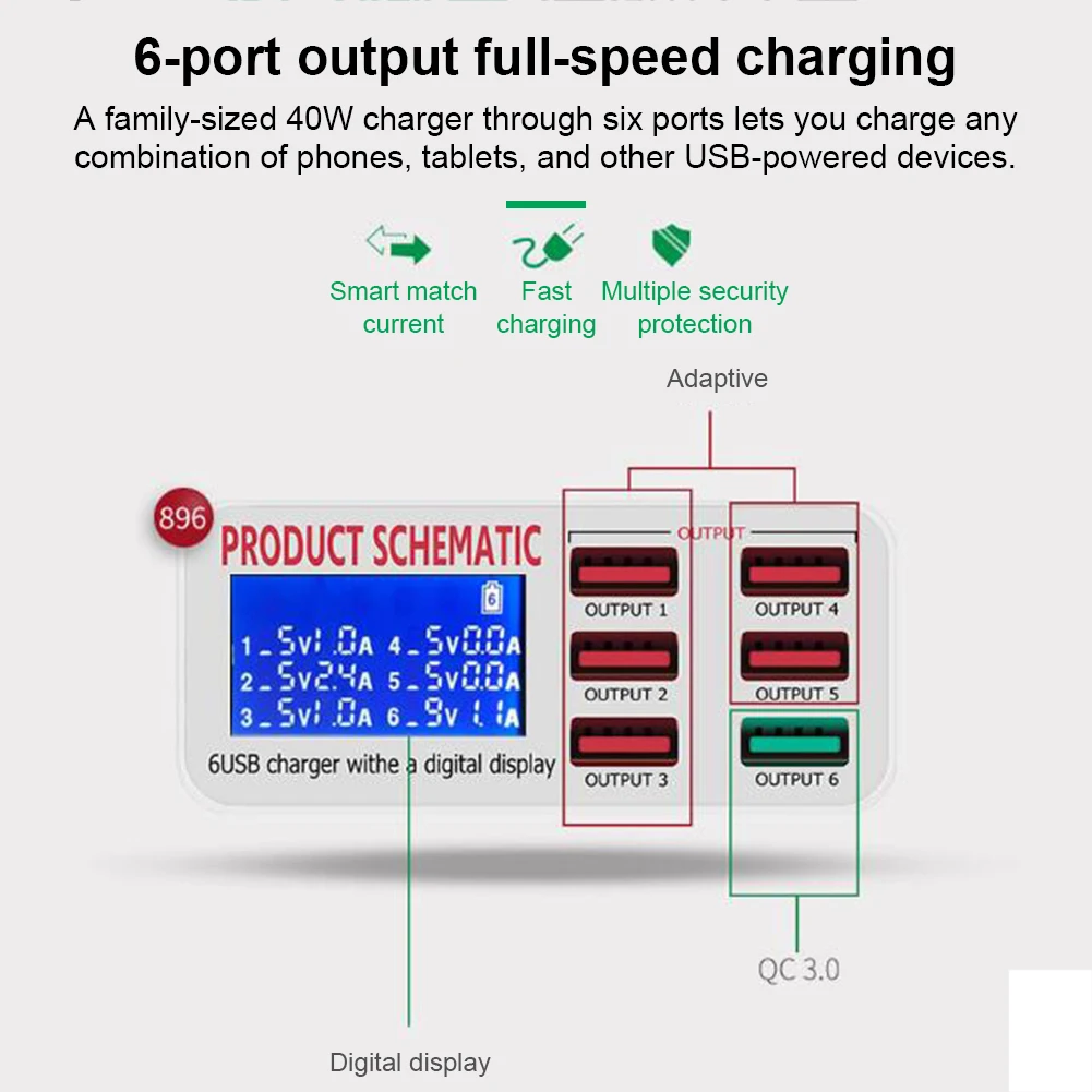 40 Вт QC3.0 многопортовая USB-зарядка с ЖК-дисплеем USB-адаптер для зарядного
