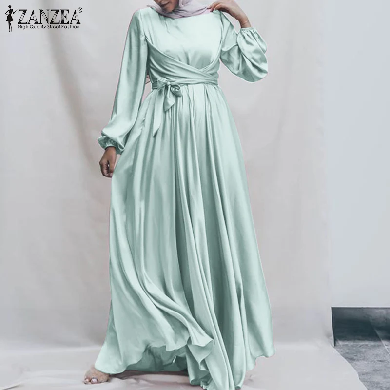 

Elegant Women's Islamic Sundress 2021 ZANZEA Muslim Dress Long Sleeve Satin Vestidos Female Marocain Turkish Maxi Robe Belted